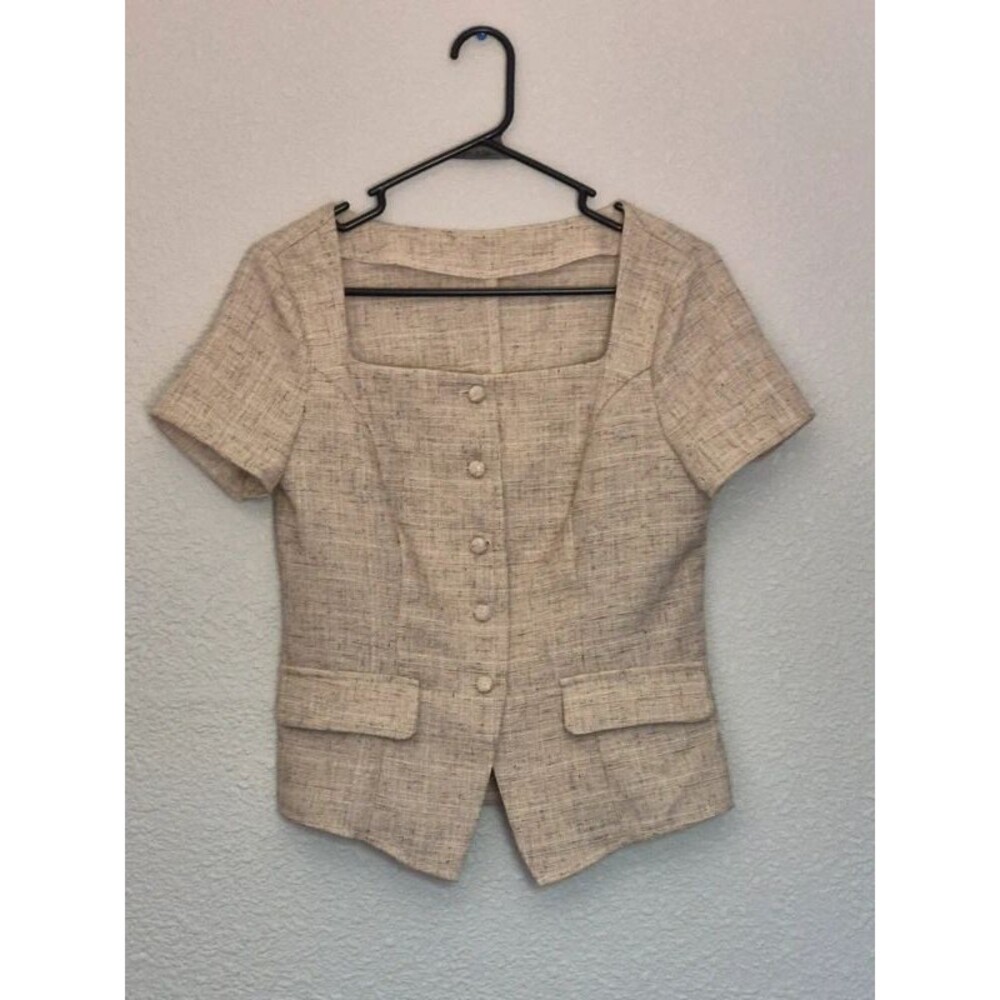 SHEIN Tweed Square Neck Blouse Vest Top Beige Short Sleeve Coquette